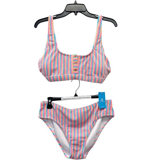 Cupshe Women's Square Neck Button Mid Rise Striped Textured Bathing Suit Pink L - Picture 1 of 9